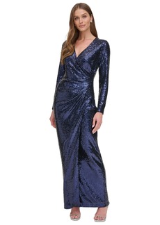 Dkny Women's Long-Sleeve Side-Ruched Sequin Gown - Navy