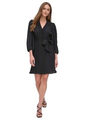 Dkny Women's Long-Sleeve Tie-Waist Pleated Dress - Black