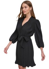 Dkny Women's Long-Sleeve Tie-Waist Pleated Dress - Black