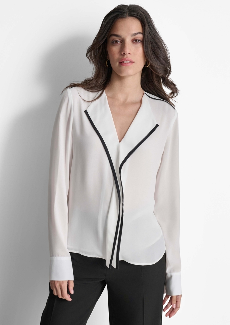 Dkny Women's Long Sleeve Trimmed Lapel Blouse - Linen Wht/