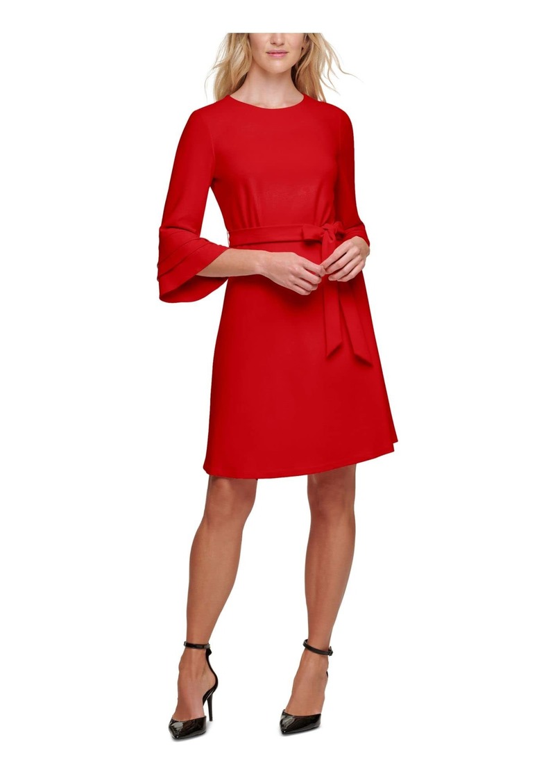 DKNY womens L/S Triple Ruffle Sleeve Fit and Flare Dress Scarlet  US