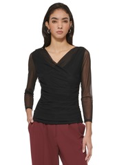 Dkny Women's Mesh Long-Sleeve Faux-Wrap Top - Black