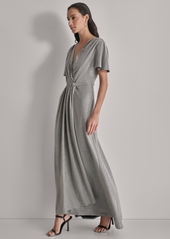 Dkny Women's Metallic Pleated Belted Flutter-Sleeve Gown - Dark Silver