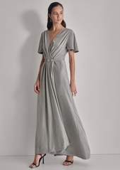 Dkny Women's Metallic Pleated Belted Flutter-Sleeve Gown - Dark Silver