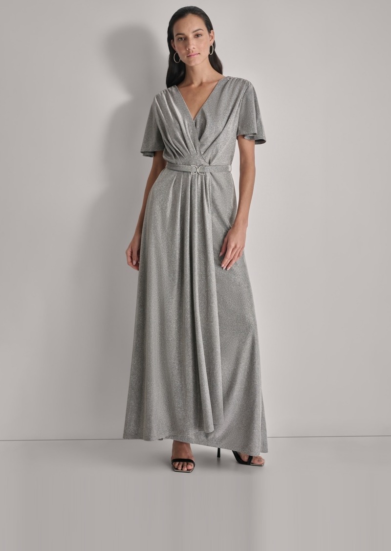 Dkny Women's Metallic Pleated Belted Flutter-Sleeve Gown - Dark Silver