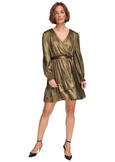 Dkny Women's Metallic V-Neck Long-Sleeve Tiered Dress - Black/Gold