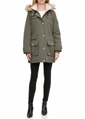 DKNY Women's Anorak Jacket Olive Micro Parka with Faux Fur Hood Extra Small