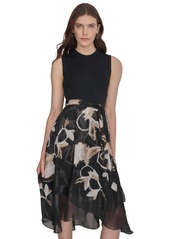 Dkny Women's Mixed-Media Sleeveless Belted Dress - Black Multi