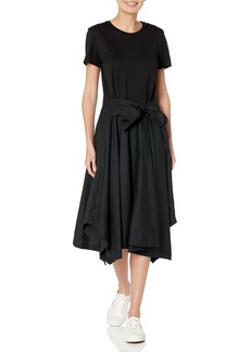 DKNY Women's Mixed-Media Tie-Front Short Sleeve Knit Dress BLK/Black