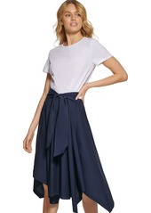 DKNY Women's Mixed-Media Tie-Front Short Sleeve Knit Dress WHT/New NV