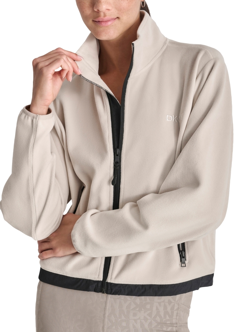 Dkny Women's Mock Neck Full Zip Jacket with Woven Piecing - Oat