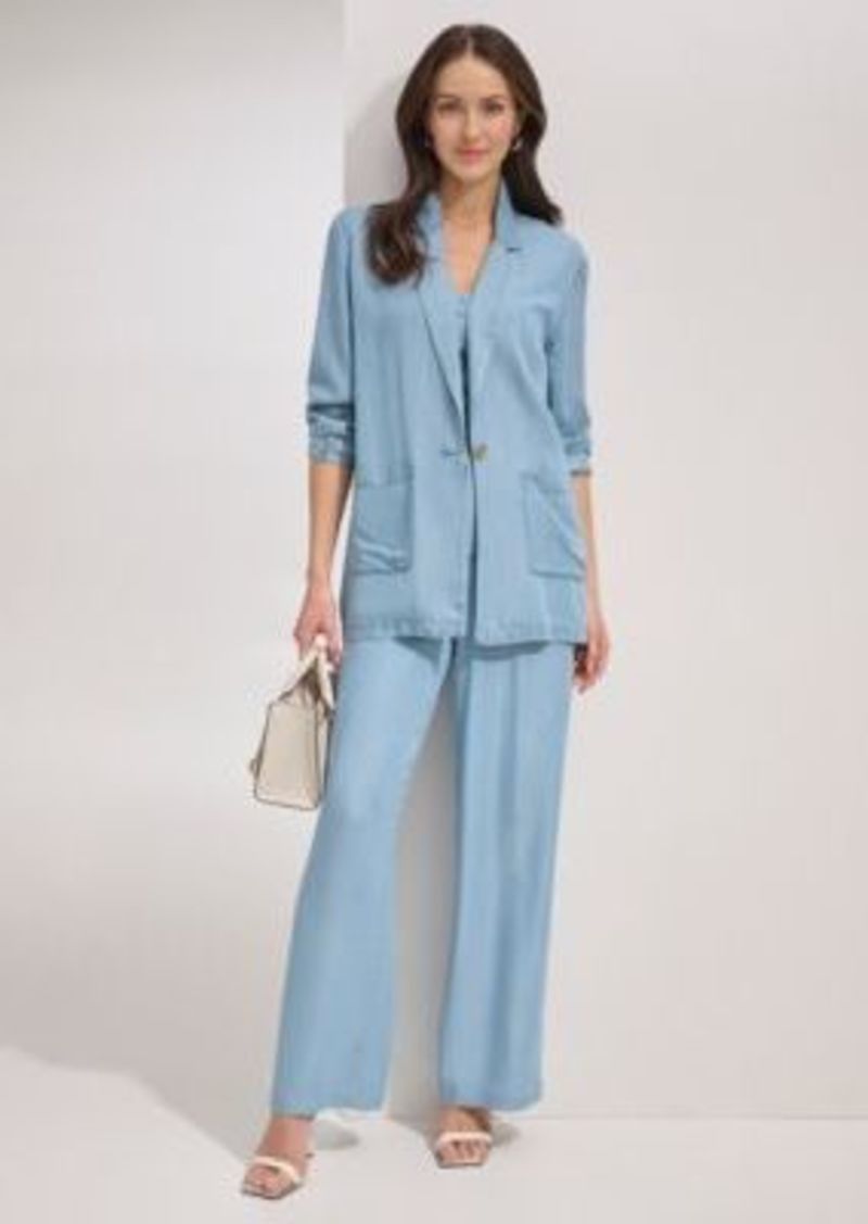 Dkny Womens One Button Long Sleeve Jacket Zip Front Puff Sleeve Blouse Chambray Wide Leg Pants