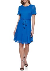 DKNY Women's Petite Double Ruffle Sleeve Fit and Flare Dress Blue LAGN