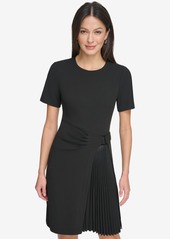 Dkny Women's Pleat-Front Round-Neck Short-Sleeve Dress - Black