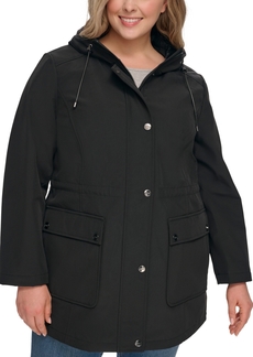 Dkny Women's Plus Size Drawstring-Hood Snap-Front Anorak Raincoat - Black