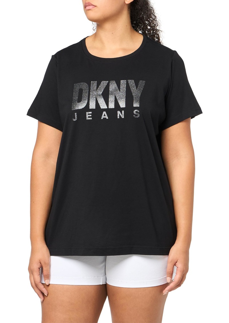 DKNY Women's Plus Size Short Sleeve V-Neck Tee W/Logo Patch Black/Black