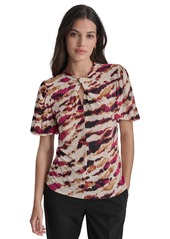 Dkny Women's Printed Balloon-Sleeve Twist-Neck Top - Parchment