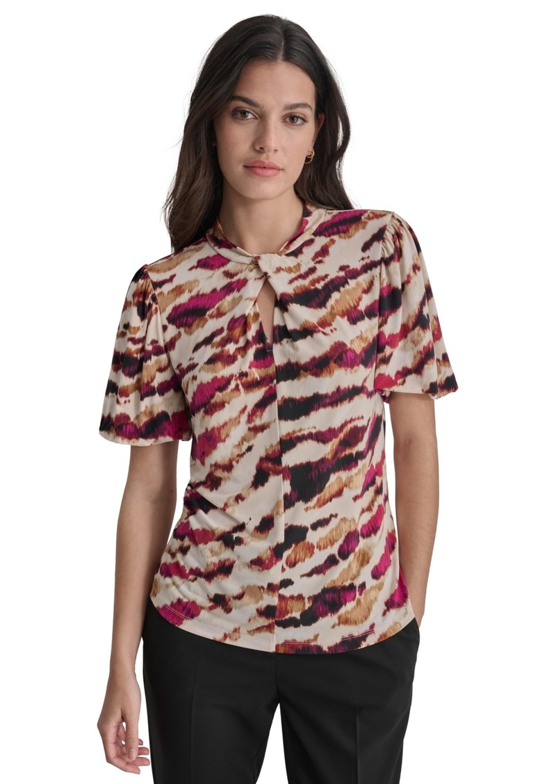 Dkny Women's Printed Balloon-Sleeve Twist-Neck Top - Parchment