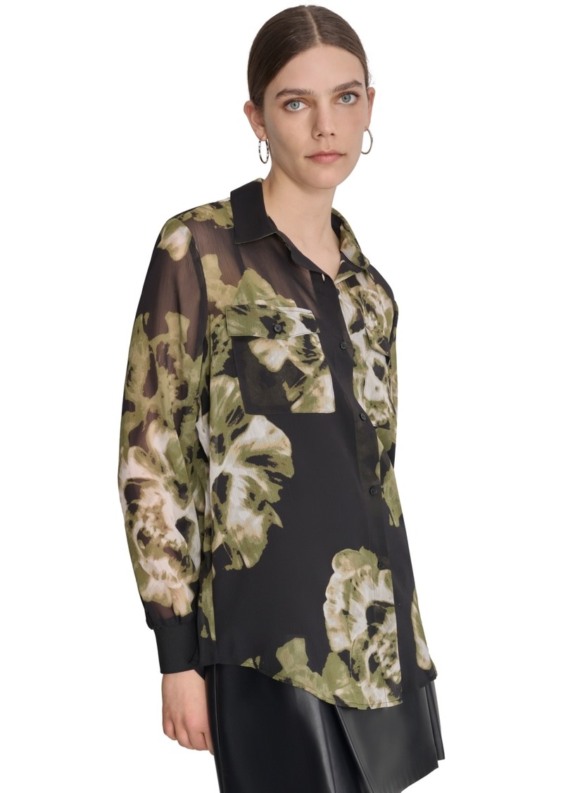 Dkny Women's Printed Button-Front Long-Sleeve Shirt - Photo Floral