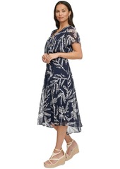 Dkny Women's Printed Chiffon Flutter-Sleeve Midi Dress - Navy/Ivory