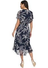 Dkny Women's Printed Chiffon Flutter-Sleeve Midi Dress - Navy/Ivory