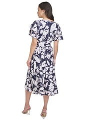 Dkny Women's Printed Flutter-Sleeve High-Low Dress - Navy