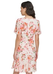 Dkny Women's Printed Flutter-Sleeve Tie-Waist Dress - Cream Multi