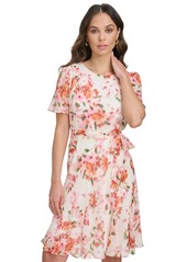 Dkny Women's Printed Flutter-Sleeve Tie-Waist Dress - Cream Multi