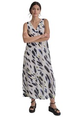 Dkny Women's Printed Linen V-Neck Sleeveless Maxi Dress - Blk/wave B