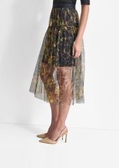 Dkny Women's Printed Logo-Waistband Tulle Mesh Skirt - Autmn Mix