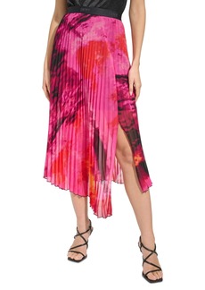Dkny Women's Printed Pleated Asymmetrical-Hem Skirt - Shocking Pink Multi