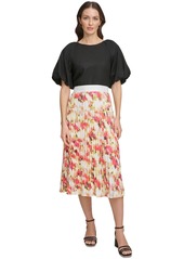 Dkny Women's Printed Pleated Pull-On Midi Skirt - Ivory/orange Blossom Multi