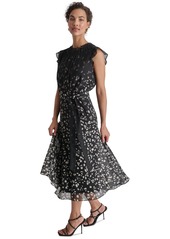 Dkny Women's Printed Ruffled Belted Midi Dress - Black Multi