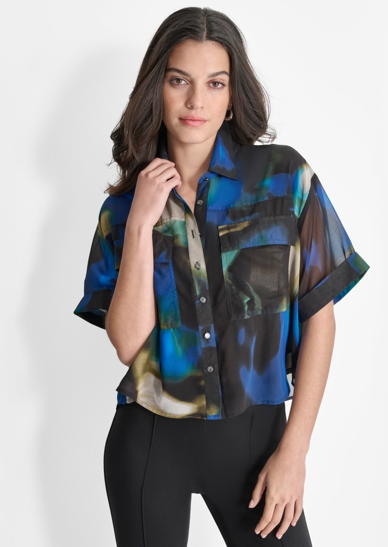 Dkny Women's Printed Short-Sleeve Button-Front Blouse - Lapis Bl M