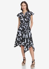 Dkny Women's Printed Tie-Waist Asymmetrical-Hem Linen Dress - Blk/wave B