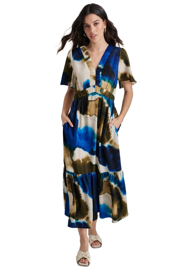 Dkny Women's Printed V-Neck Short-Sleeve Maxi Dress - Expld Ink