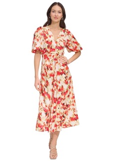 Dkny Women's Printed V-Neck Short-Sleeve Satin Dress - Ivory/Orange Blossom Multi