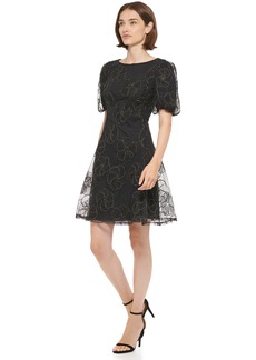 DKNY Women's Puff Sleeve Embroidered Fit & Flare BLK/Gold