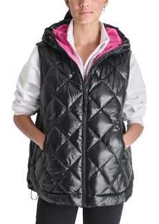 Dkny Women's Quilted Curved Hem Puffer Vest with Pop Mesh Lining - Black