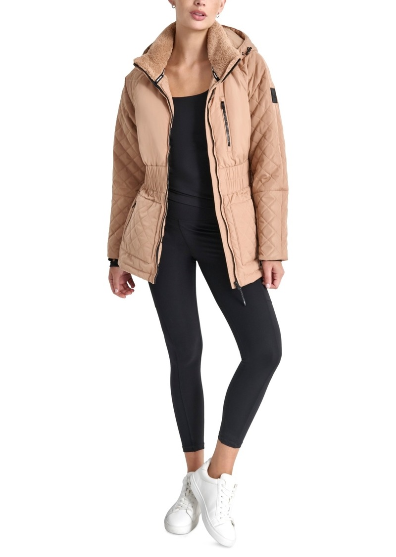 Dkny Women's Quilted Elastic-Waist Hooded Zipper Jacket - Praline