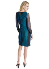 Dkny Women's Round-Neck Ruched Long-Sleeve Mesh Dress - Glass Multi