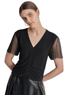 Dkny Women's Ruched Mesh-Sleeve Top - Black