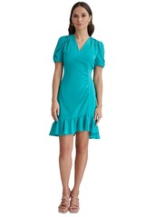 Dkny Women's Ruched-Sleeve A-Line Ruffle-Trim Dress - Gulf Blue