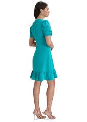 Dkny Women's Ruched-Sleeve A-Line Ruffle-Trim Dress - Gulf Blue