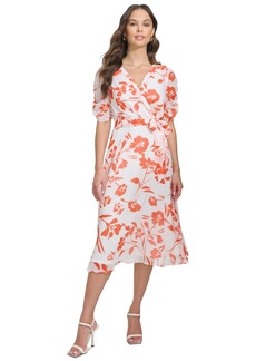 Dkny Women's Ruched-Sleeve V-Neck Faux-Wrap Dress - Tangerine