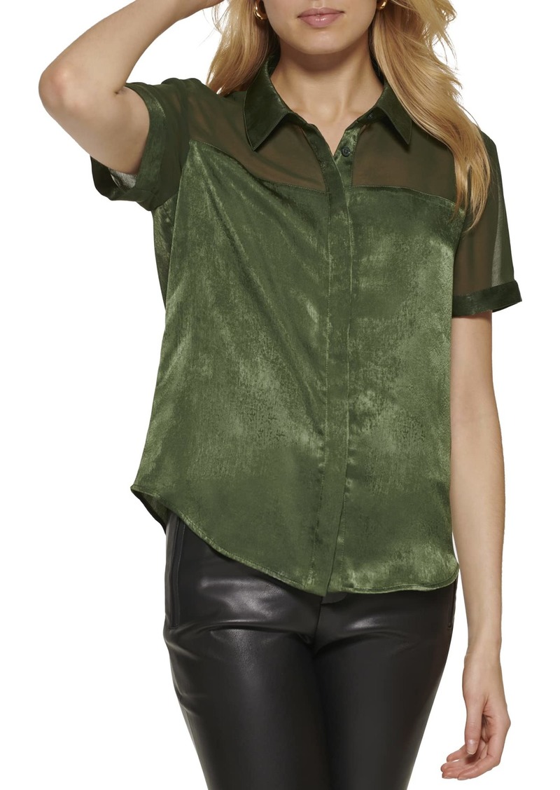 DKNY Women's Satin Easy Sheer Sleeve Top