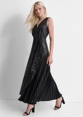 Dkny Women's Sequinned Pleated Tie-Waist Evening Gown - Black