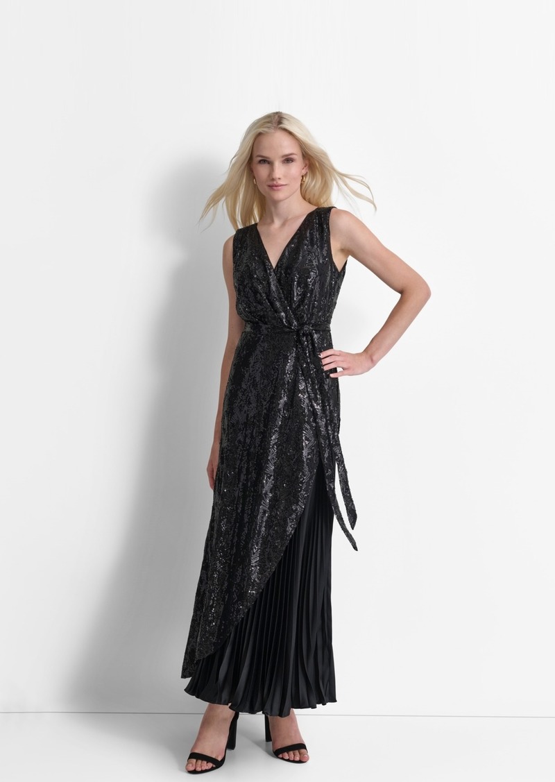 Dkny Women's Sequinned Pleated Tie-Waist Evening Gown - Black