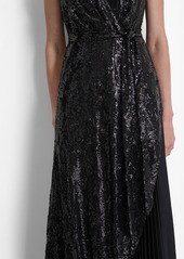 Dkny Women's Sequinned Pleated Tie-Waist Evening Gown - Black