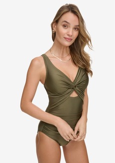 Dkny Women's Shirred Keyhole Detail One-Piece Swimsuit - Moss Shimmer